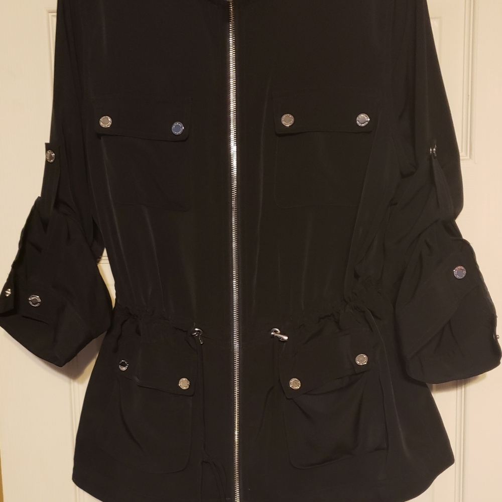 Ladies Lightweight Cargo Jacket w/silver buttons and drawstring waist.